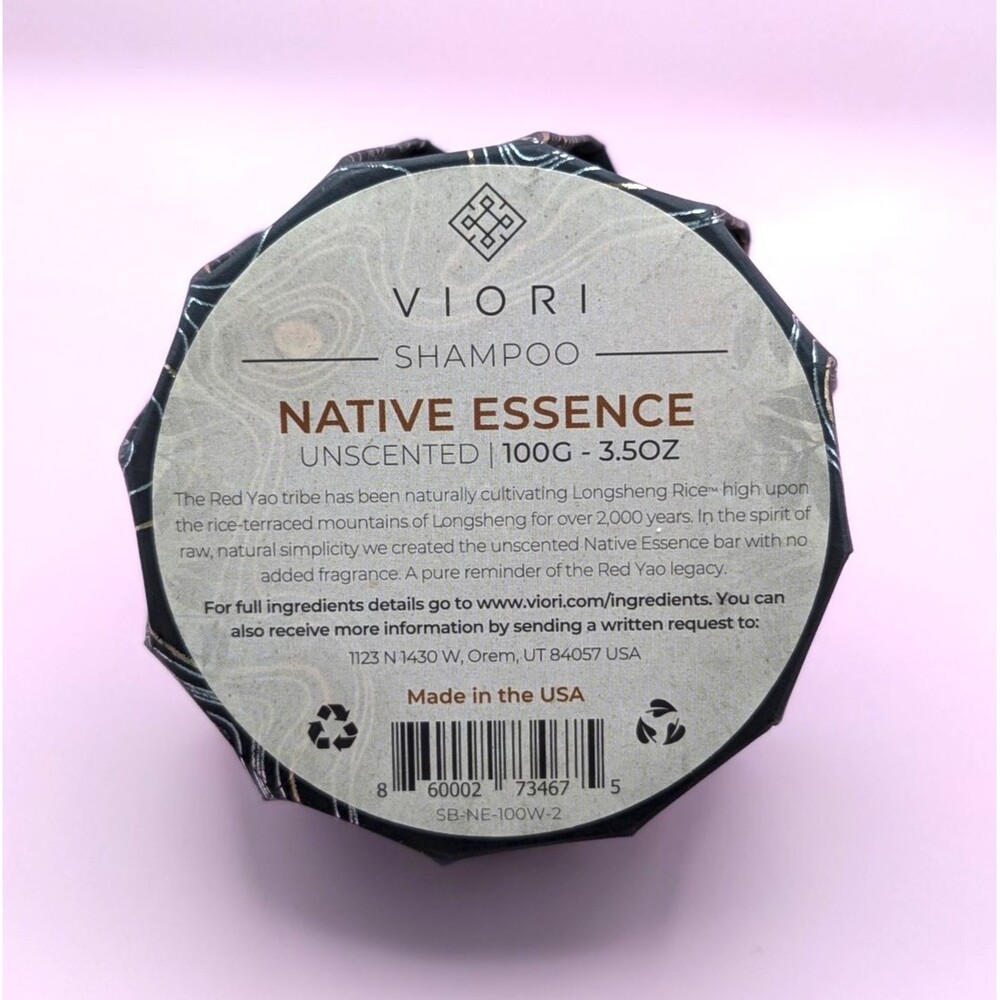 Viori Unscented Rice Water Infused Shampoo Bar Plastic-Free 3.5oz Native Essence